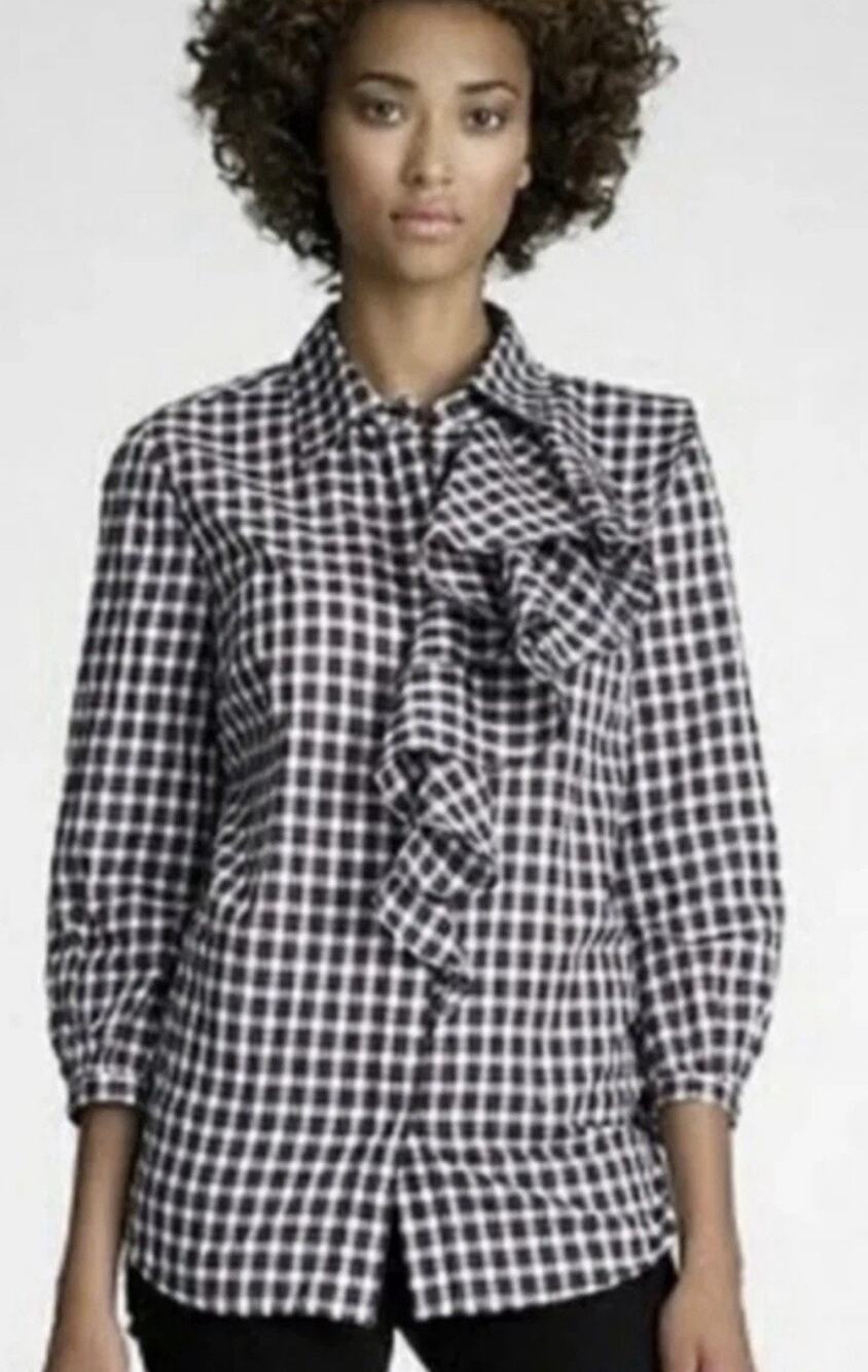 Tory Burch Blouse Women's Size 4 Button Down Plaid 100% Cotton 3/4 Sleeve Shirt